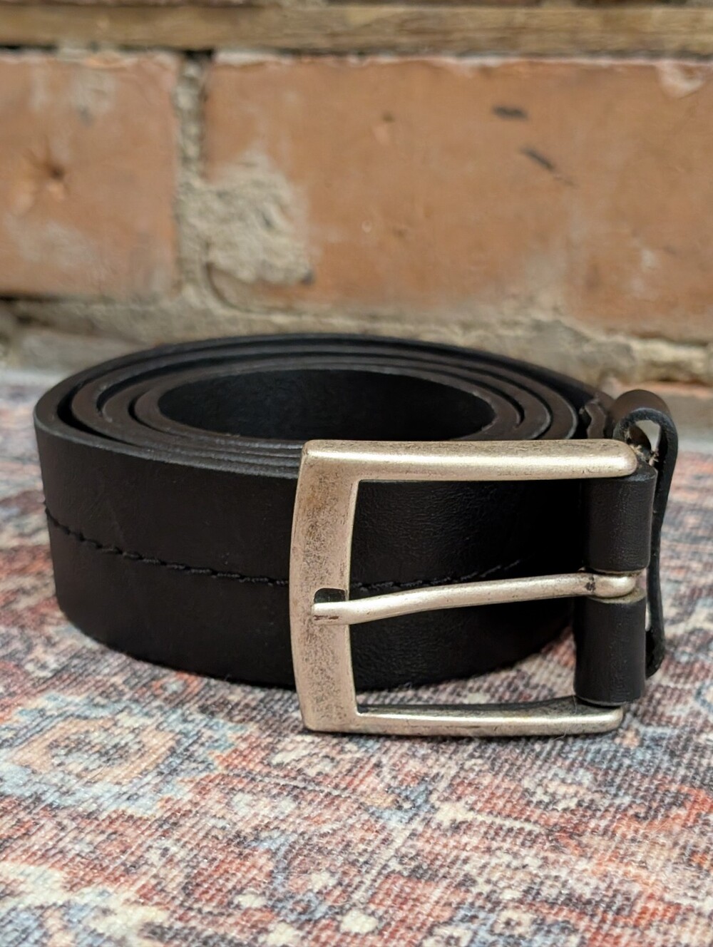 Danier Vintage Leather Belt, Black / Brushed Silver